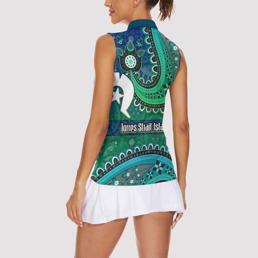 Torres Strait Islands Women Sleeveless Polo Shirt Dhari Emblem Vibrant Teal Indigenous