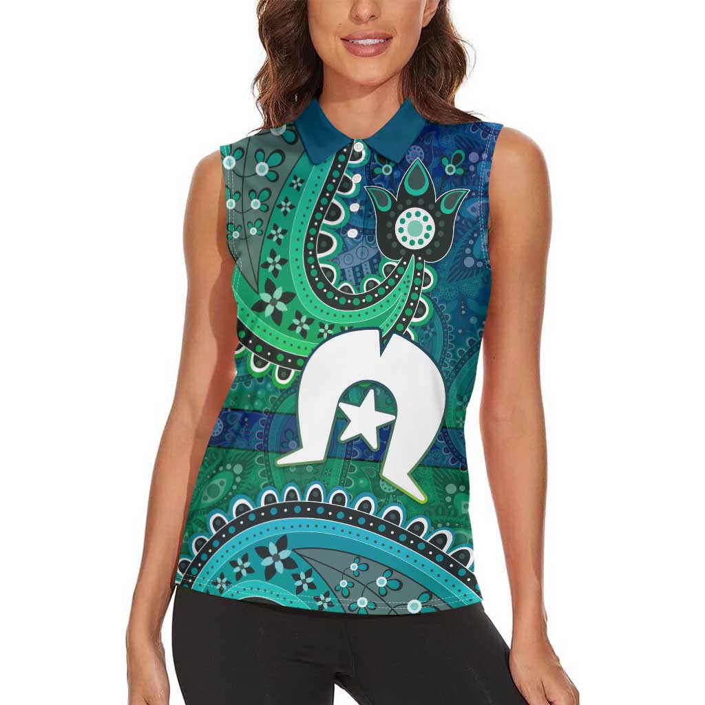 Torres Strait Islands Women Sleeveless Polo Shirt Dhari Emblem Vibrant Teal Indigenous