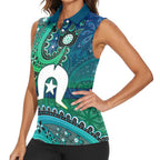 Torres Strait Islands Women Sleeveless Polo Shirt Dhari Emblem Vibrant Teal Indigenous