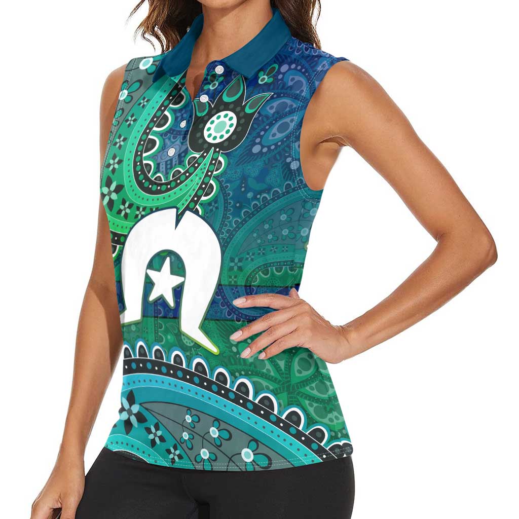 Torres Strait Islands Women Sleeveless Polo Shirt Dhari Emblem Vibrant Teal Indigenous