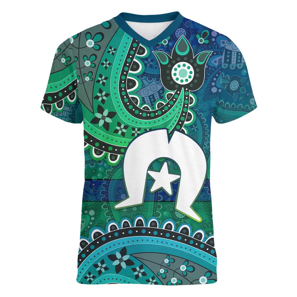 Torres Strait Islands Women V-Neck T-Shirt Dhari Emblem Vibrant Teal Indigenous
