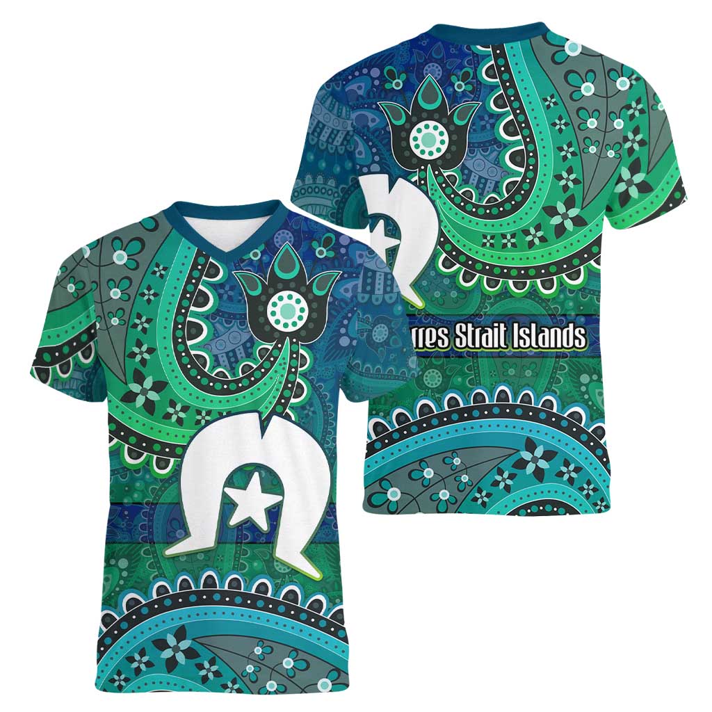 Torres Strait Islands Women V-Neck T-Shirt Dhari Emblem Vibrant Teal Indigenous