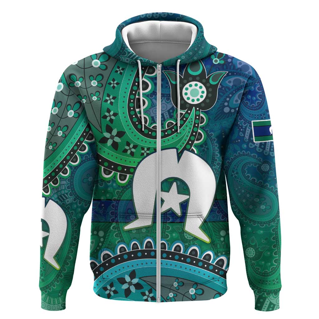 Torres Strait Islands Zip Hoodie Dhari Emblem Vibrant Teal Indigenous