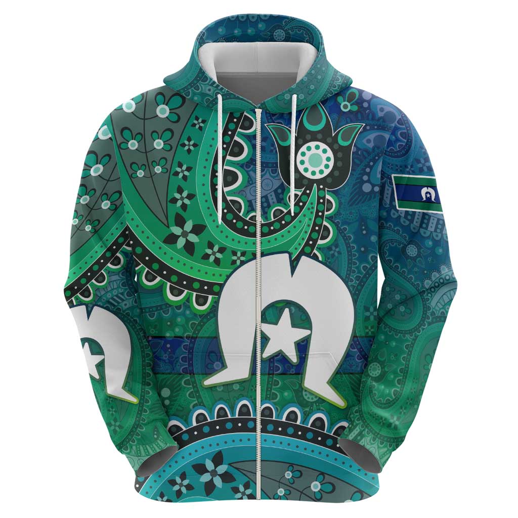 Torres Strait Islands Zip Hoodie Dhari Emblem Vibrant Teal Indigenous