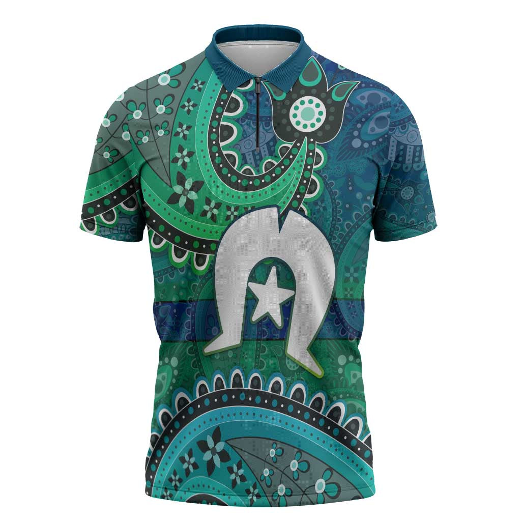 Torres Strait Islands Zipper Polo Shirt Dhari Emblem Vibrant Teal Indigenous