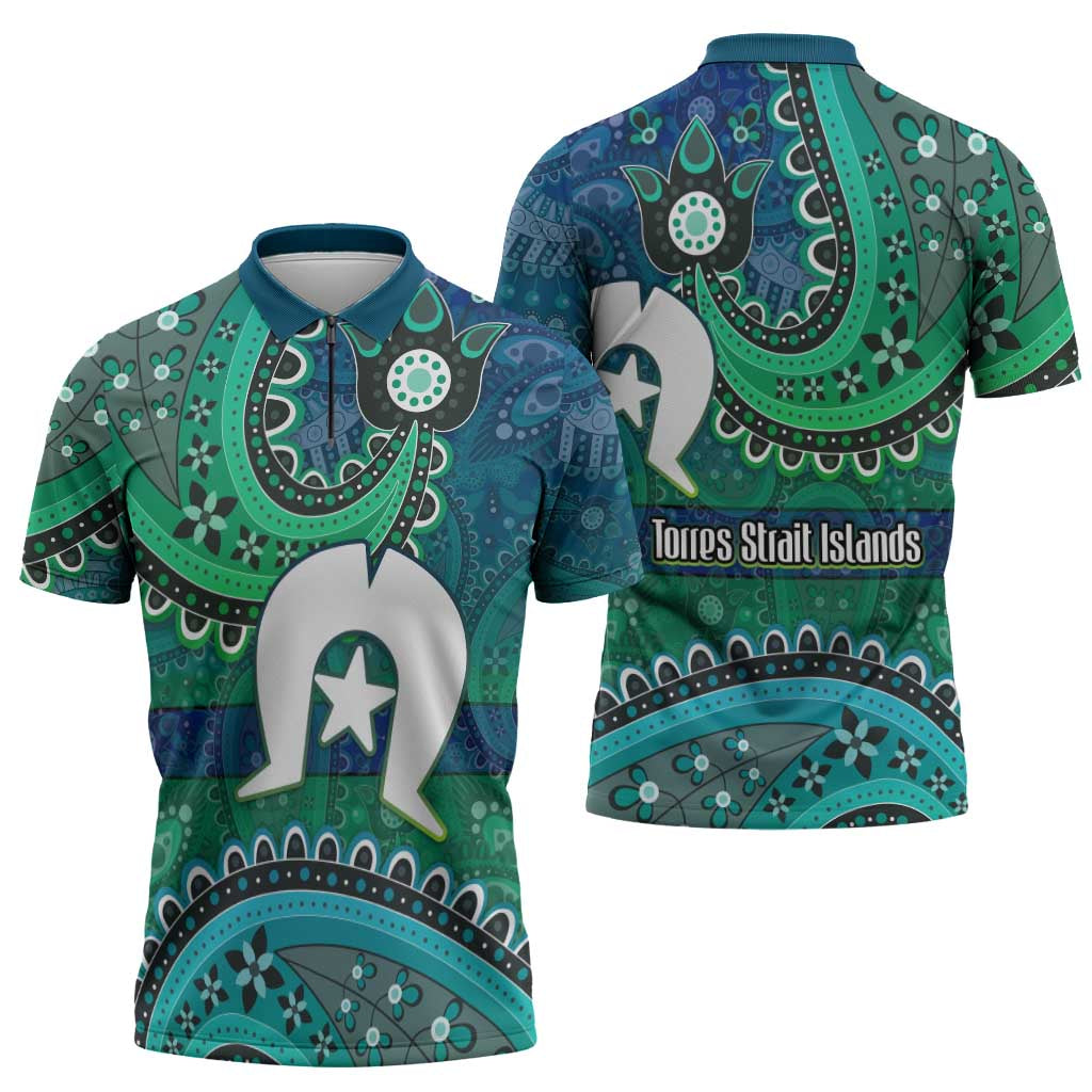 Torres Strait Islands Zipper Polo Shirt Dhari Emblem Vibrant Teal Indigenous