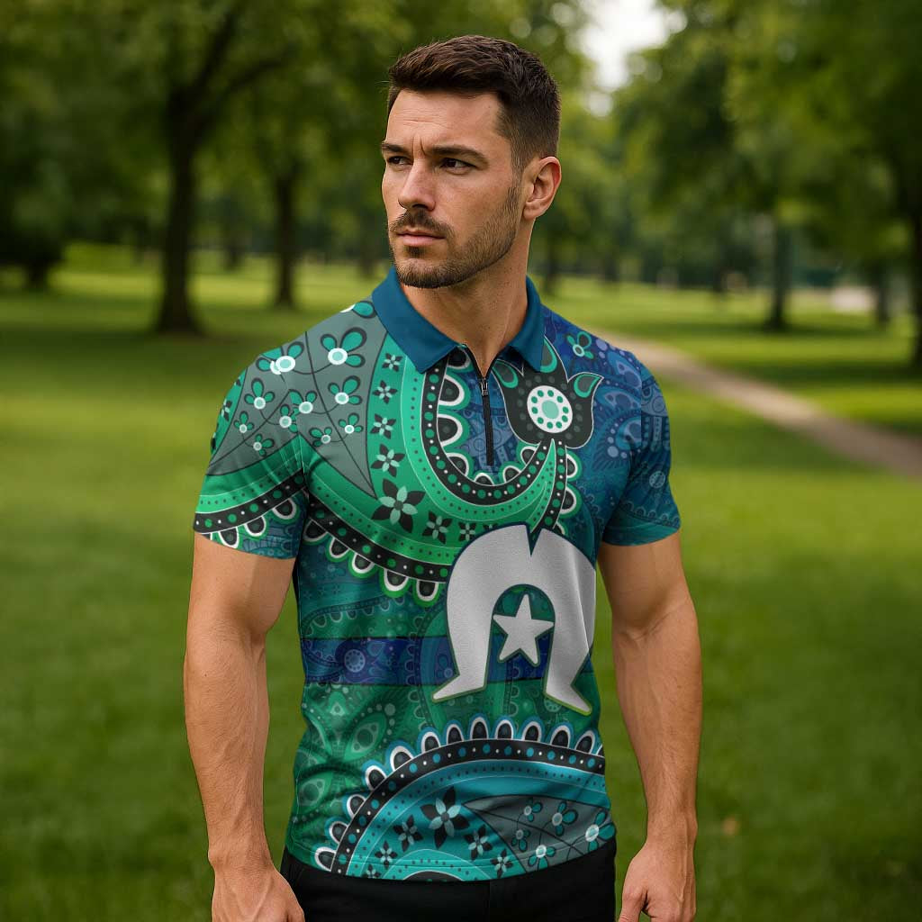 Torres Strait Islands Zipper Polo Shirt Dhari Emblem Vibrant Teal Indigenous
