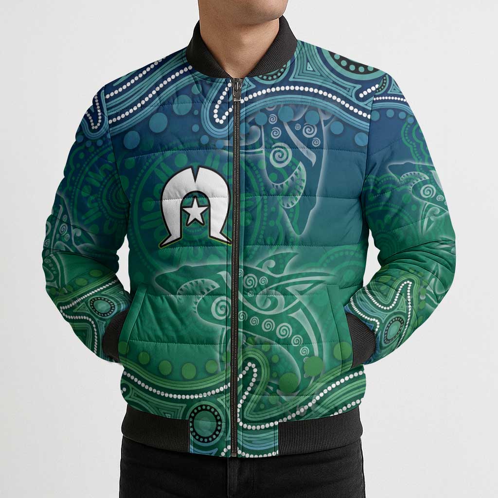 Torres Strait Islands Bomber Puffer Jacket Shark Indigenous Australian Tribal Dot Art
