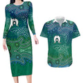 Torres Strait Islands Couples Matching Long Sleeve Bodycon Dress and Hawaiian Shirt Shark Indigenous Australian Tribal Dot Art