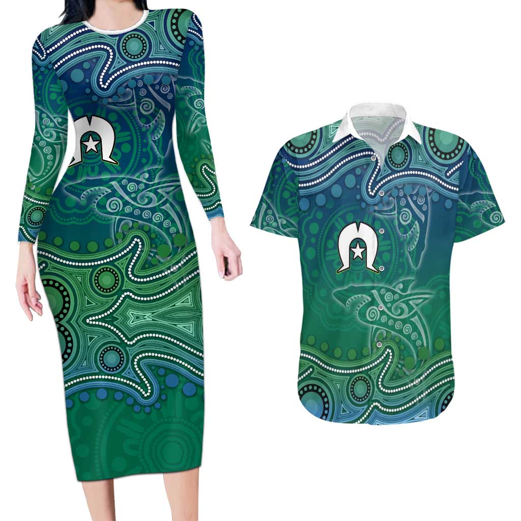Torres Strait Islands Couples Matching Long Sleeve Bodycon Dress and Hawaiian Shirt Shark Indigenous Australian Tribal Dot Art