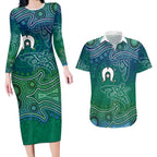 Torres Strait Islands Couples Matching Long Sleeve Bodycon Dress and Hawaiian Shirt Shark Indigenous Australian Tribal Dot Art