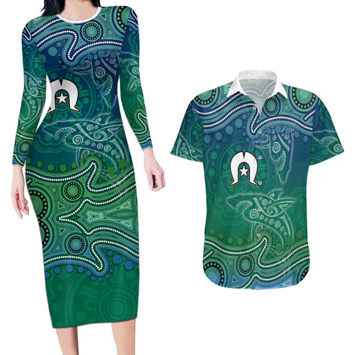 Torres Strait Islands Couples Matching Long Sleeve Bodycon Dress and Hawaiian Shirt Shark Indigenous Australian Tribal Dot Art