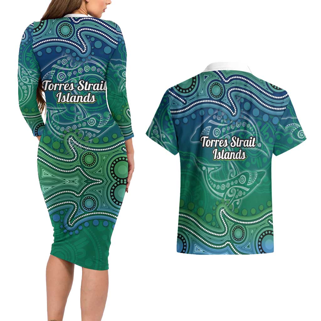 Torres Strait Islands Couples Matching Long Sleeve Bodycon Dress and Hawaiian Shirt Shark Indigenous Australian Tribal Dot Art