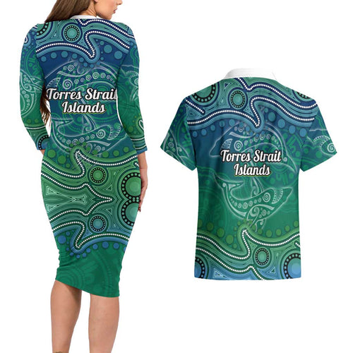 Torres Strait Islands Couples Matching Long Sleeve Bodycon Dress and Hawaiian Shirt Shark Indigenous Australian Tribal Dot Art