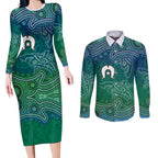 Torres Strait Islands Couples Matching Long Sleeve Bodycon Dress and Long Sleeve Button Shirt Shark Indigenous Australian Tribal Dot Art