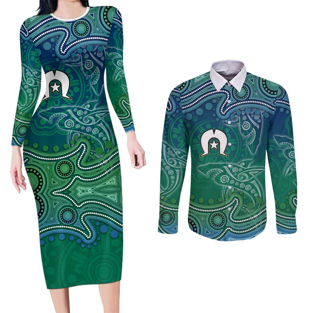 Torres Strait Islands Couples Matching Long Sleeve Bodycon Dress and Long Sleeve Button Shirt Shark Indigenous Australian Tribal Dot Art
