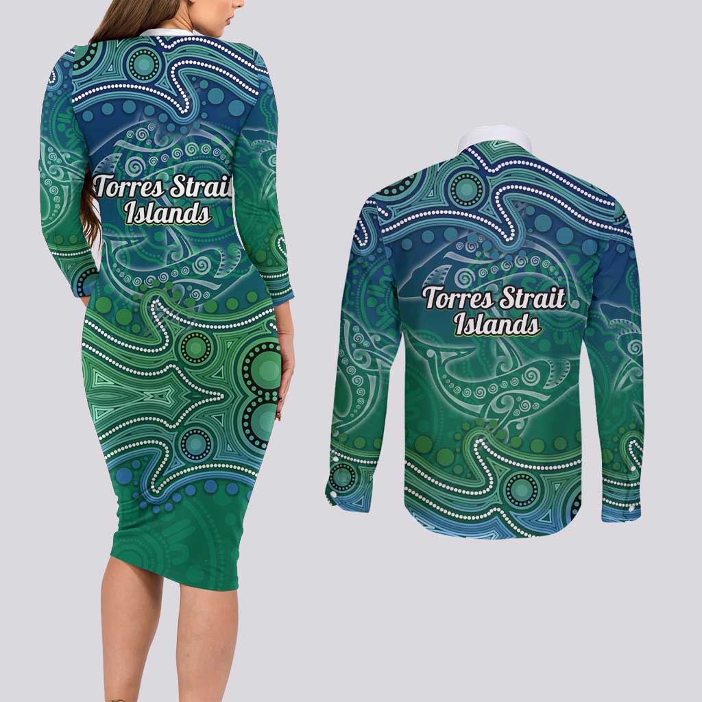 Torres Strait Islands Couples Matching Long Sleeve Bodycon Dress and Long Sleeve Button Shirt Shark Indigenous Australian Tribal Dot Art