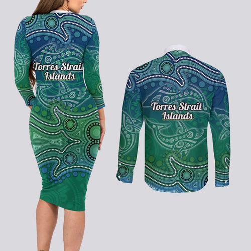 Torres Strait Islands Couples Matching Long Sleeve Bodycon Dress and Long Sleeve Button Shirt Shark Indigenous Australian Tribal Dot Art