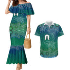 Torres Strait Islands Couples Matching Mermaid Dress and Hawaiian Shirt Shark Indigenous Australian Tribal Dot Art