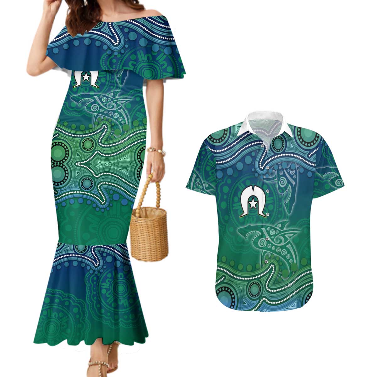 Torres Strait Islands Couples Matching Mermaid Dress and Hawaiian Shirt Shark Indigenous Australian Tribal Dot Art