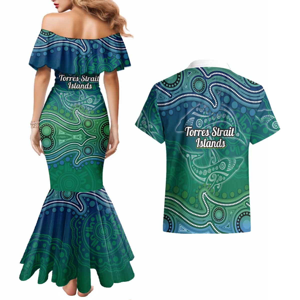 Torres Strait Islands Couples Matching Mermaid Dress and Hawaiian Shirt Shark Indigenous Australian Tribal Dot Art