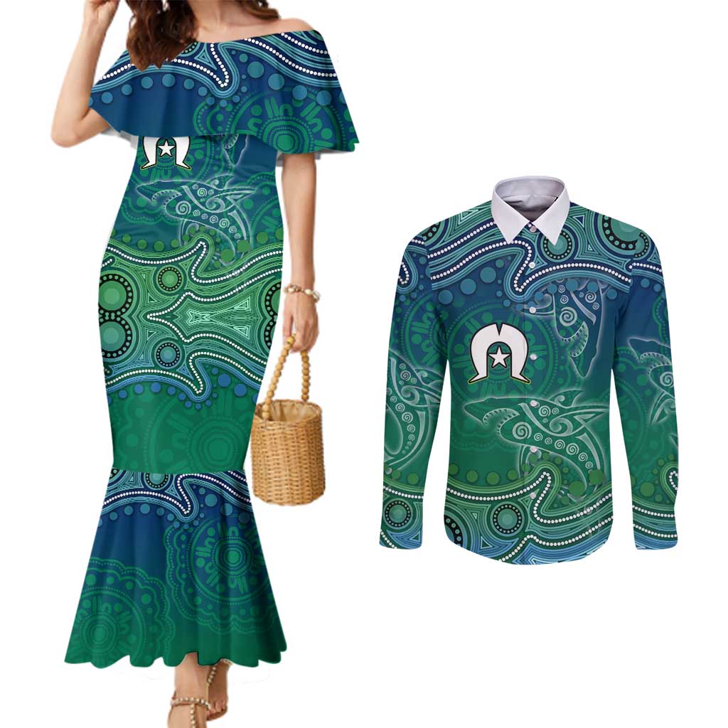 Torres Strait Islands Couples Matching Mermaid Dress and Long Sleeve Button Shirt Shark Indigenous Australian Tribal Dot Art