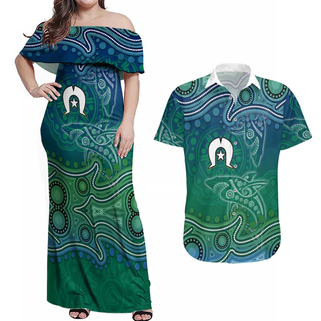 Torres Strait Islands Couples Matching Off Shoulder Maxi Dress and Hawaiian Shirt Shark Indigenous Australian Tribal Dot Art