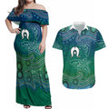 Torres Strait Islands Couples Matching Off Shoulder Maxi Dress and Hawaiian Shirt Shark Indigenous Australian Tribal Dot Art