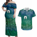 Torres Strait Islands Couples Matching Off Shoulder Maxi Dress and Hawaiian Shirt Shark Indigenous Australian Tribal Dot Art