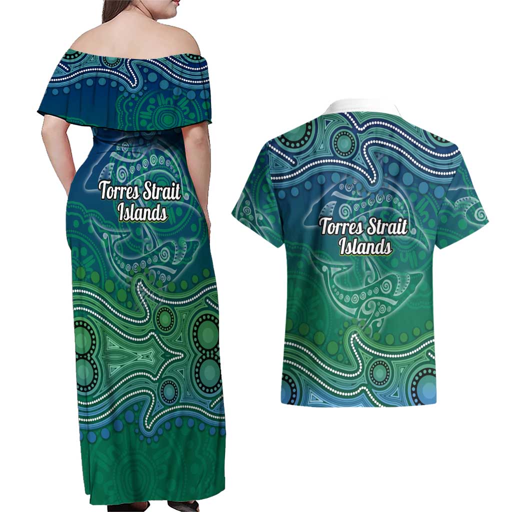 Torres Strait Islands Couples Matching Off Shoulder Maxi Dress and Hawaiian Shirt Shark Indigenous Australian Tribal Dot Art