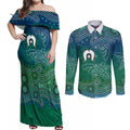 Torres Strait Islands Couples Matching Off Shoulder Maxi Dress and Long Sleeve Button Shirt Shark Indigenous Australian Tribal Dot Art