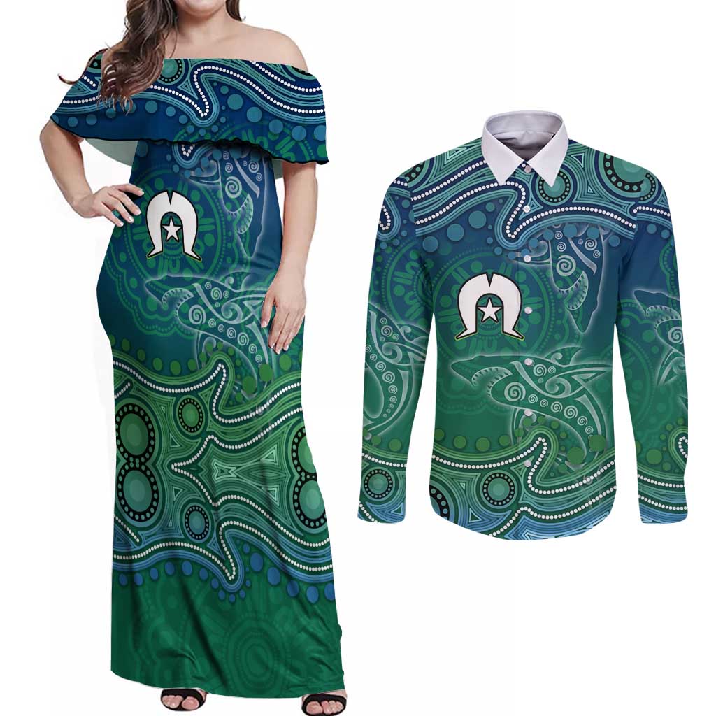 Torres Strait Islands Couples Matching Off Shoulder Maxi Dress and Long Sleeve Button Shirt Shark Indigenous Australian Tribal Dot Art