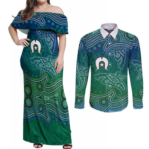 Torres Strait Islands Couples Matching Off Shoulder Maxi Dress and Long Sleeve Button Shirt Shark Indigenous Australian Tribal Dot Art