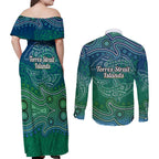 Torres Strait Islands Couples Matching Off Shoulder Maxi Dress and Long Sleeve Button Shirt Shark Indigenous Australian Tribal Dot Art