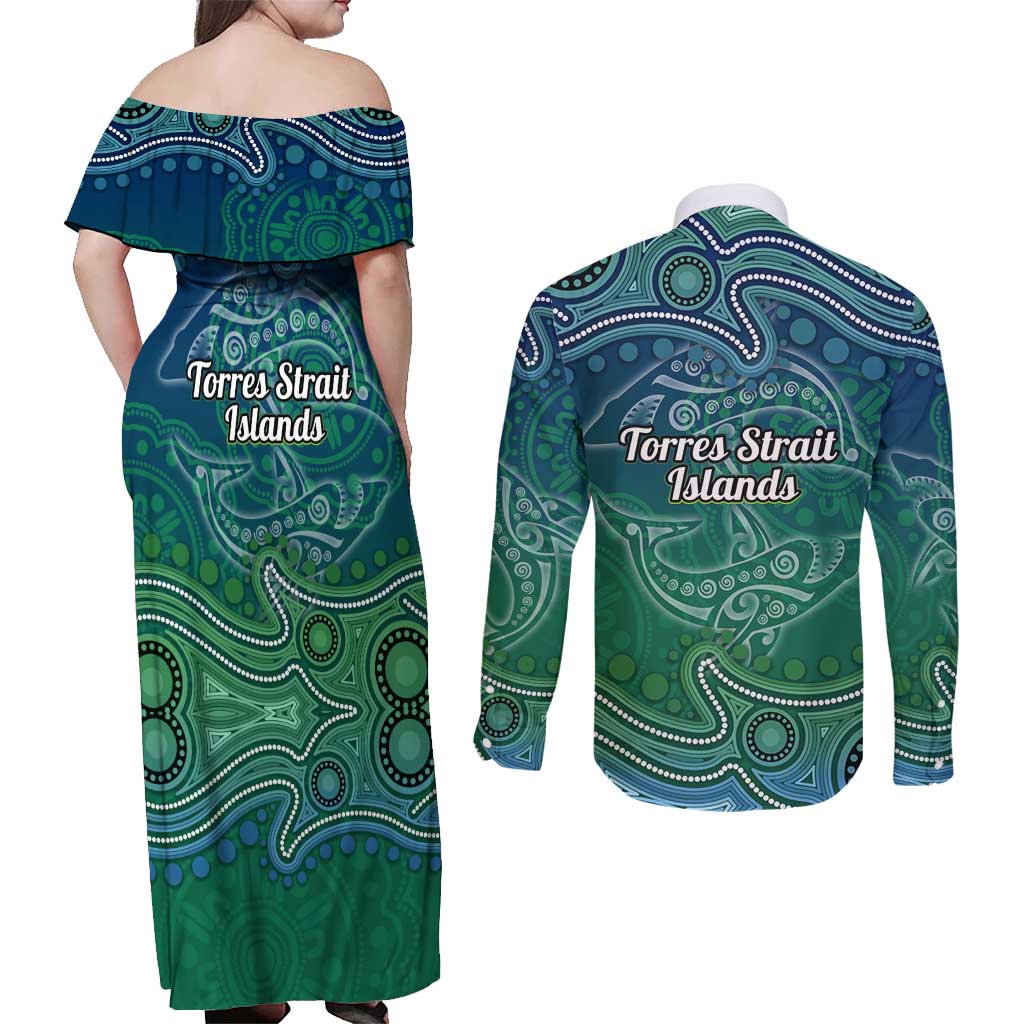 Torres Strait Islands Couples Matching Off Shoulder Maxi Dress and Long Sleeve Button Shirt Shark Indigenous Australian Tribal Dot Art