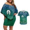 Torres Strait Islands Couples Matching Off Shoulder Short Dress and Hawaiian Shirt Shark Indigenous Australian Tribal Dot Art