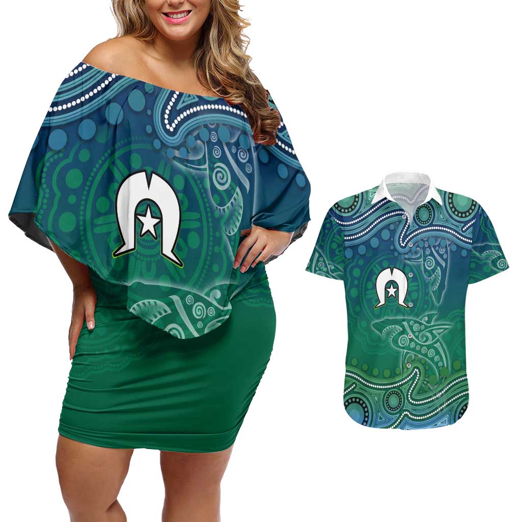 Torres Strait Islands Couples Matching Off Shoulder Short Dress and Hawaiian Shirt Shark Indigenous Australian Tribal Dot Art