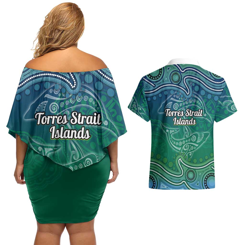 Torres Strait Islands Couples Matching Off Shoulder Short Dress and Hawaiian Shirt Shark Indigenous Australian Tribal Dot Art