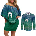 Torres Strait Islands Couples Matching Off Shoulder Short Dress and Long Sleeve Button Shirt Shark Indigenous Australian Tribal Dot Art