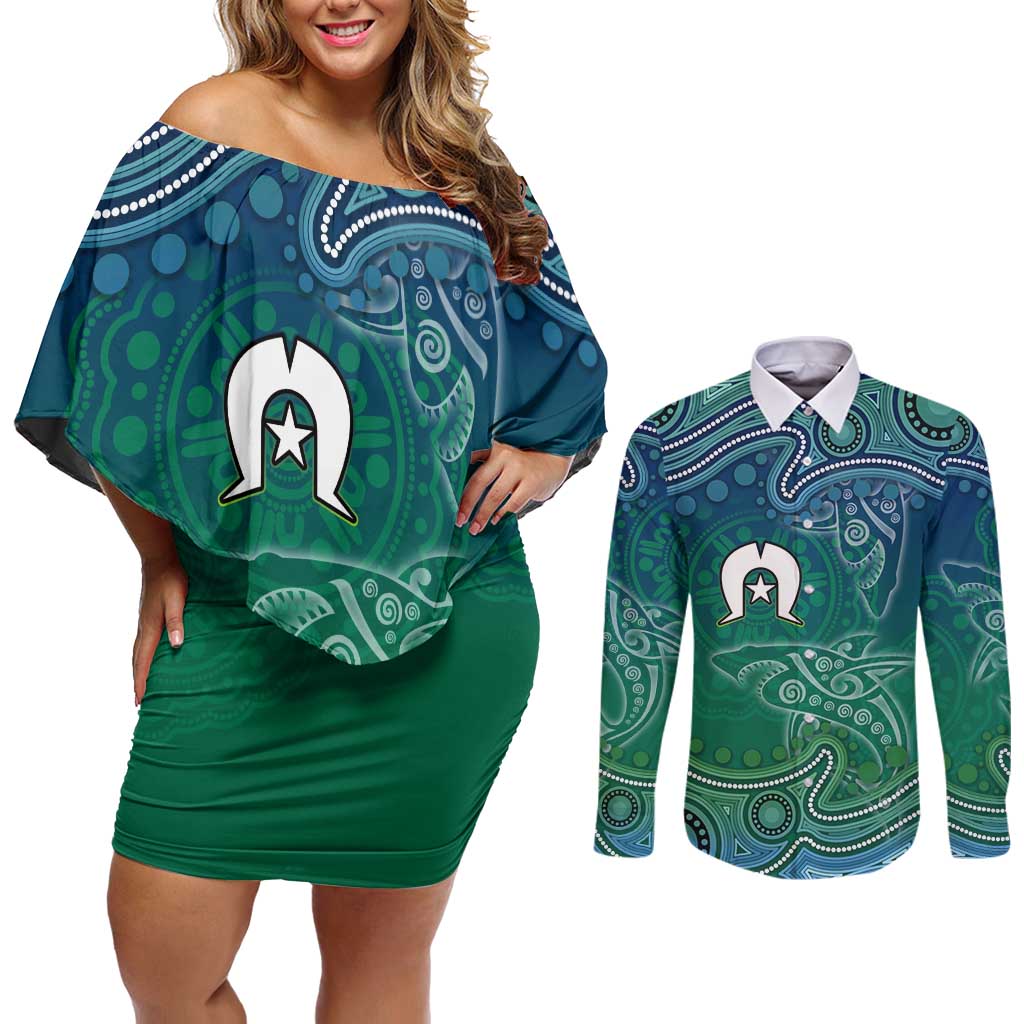Torres Strait Islands Couples Matching Off Shoulder Short Dress and Long Sleeve Button Shirt Shark Indigenous Australian Tribal Dot Art