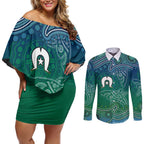Torres Strait Islands Couples Matching Off Shoulder Short Dress and Long Sleeve Button Shirt Shark Indigenous Australian Tribal Dot Art