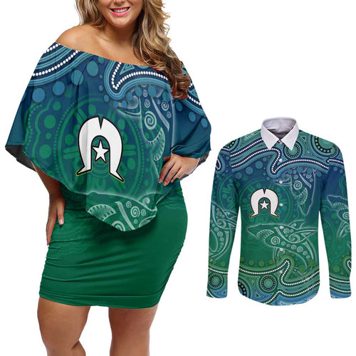 Torres Strait Islands Couples Matching Off Shoulder Short Dress and Long Sleeve Button Shirt Shark Indigenous Australian Tribal Dot Art