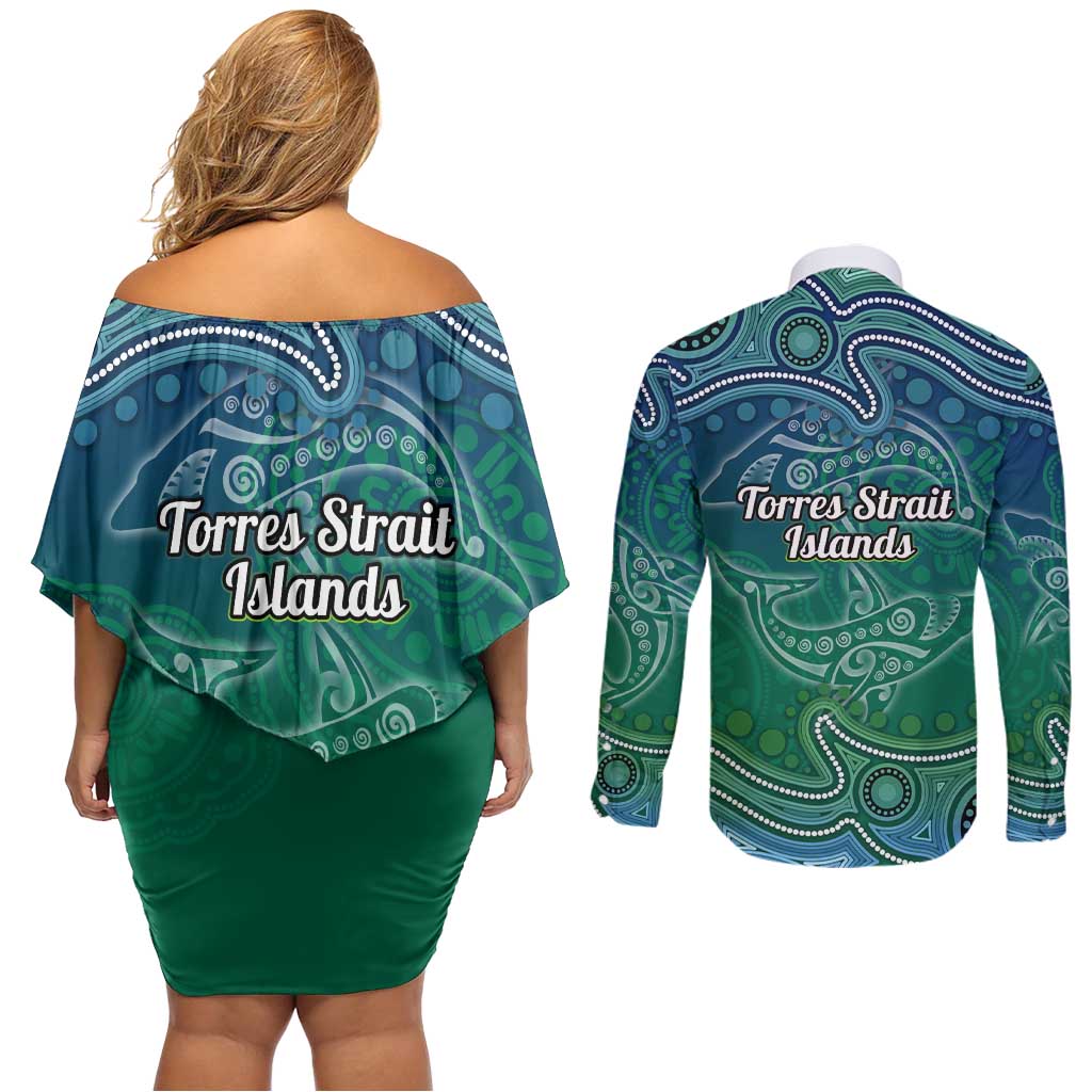 Torres Strait Islands Couples Matching Off Shoulder Short Dress and Long Sleeve Button Shirt Shark Indigenous Australian Tribal Dot Art