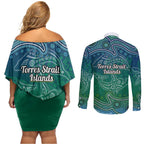 Torres Strait Islands Couples Matching Off Shoulder Short Dress and Long Sleeve Button Shirt Shark Indigenous Australian Tribal Dot Art