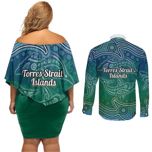 Torres Strait Islands Couples Matching Off Shoulder Short Dress and Long Sleeve Button Shirt Shark Indigenous Australian Tribal Dot Art