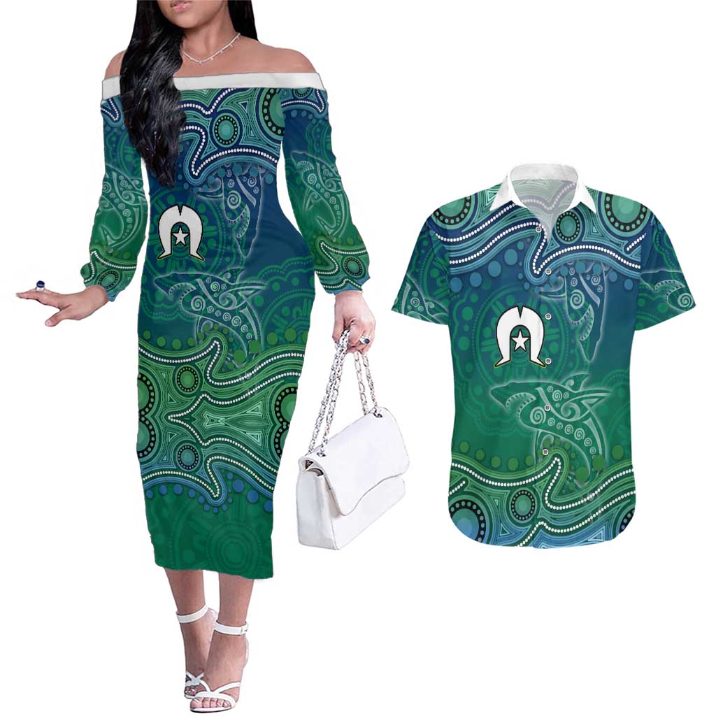 Torres Strait Islands Couples Matching Off The Shoulder Long Sleeve Dress and Hawaiian Shirt Shark Indigenous Australian Tribal Dot Art