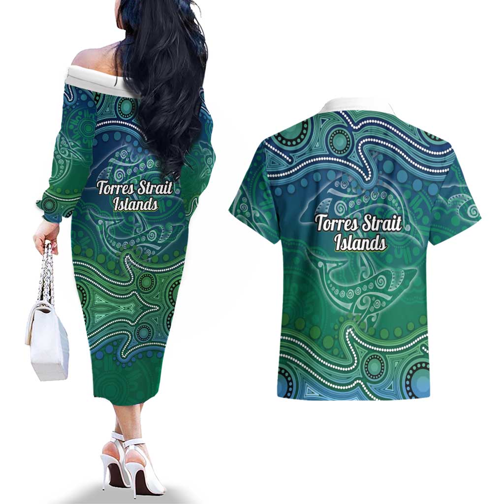Torres Strait Islands Couples Matching Off The Shoulder Long Sleeve Dress and Hawaiian Shirt Shark Indigenous Australian Tribal Dot Art