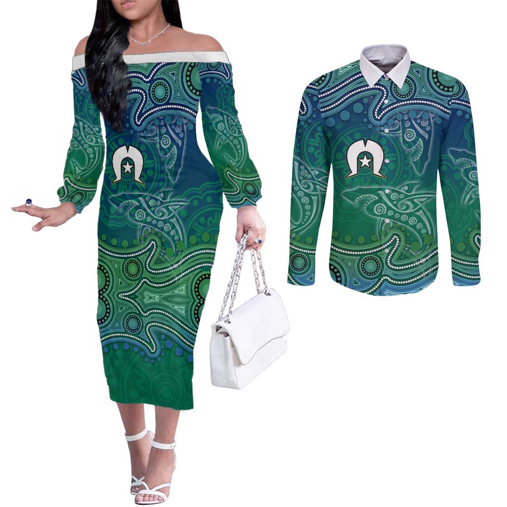 Torres Strait Islands Couples Matching Off The Shoulder Long Sleeve Dress and Long Sleeve Button Shirt Shark Indigenous Australian Tribal Dot Art