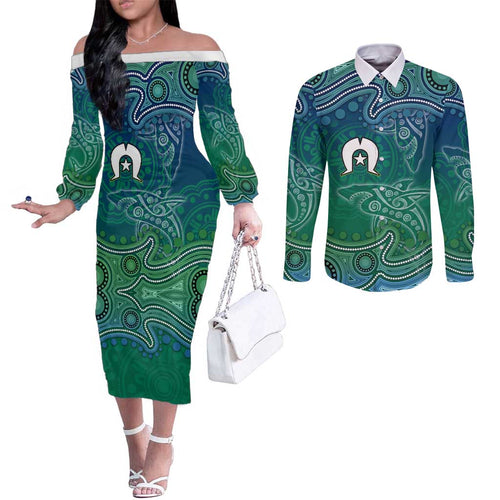 Torres Strait Islands Couples Matching Off The Shoulder Long Sleeve Dress and Long Sleeve Button Shirt Shark Indigenous Australian Tribal Dot Art