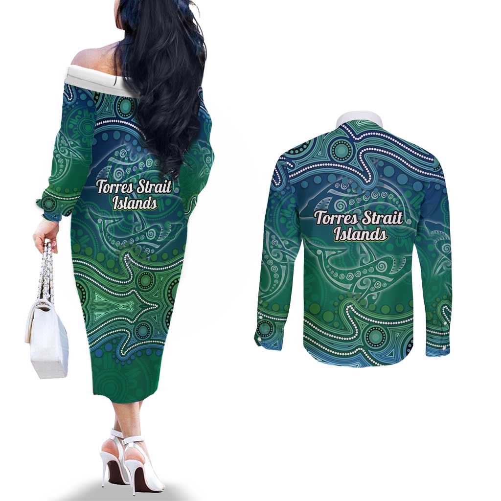 Torres Strait Islands Couples Matching Off The Shoulder Long Sleeve Dress and Long Sleeve Button Shirt Shark Indigenous Australian Tribal Dot Art